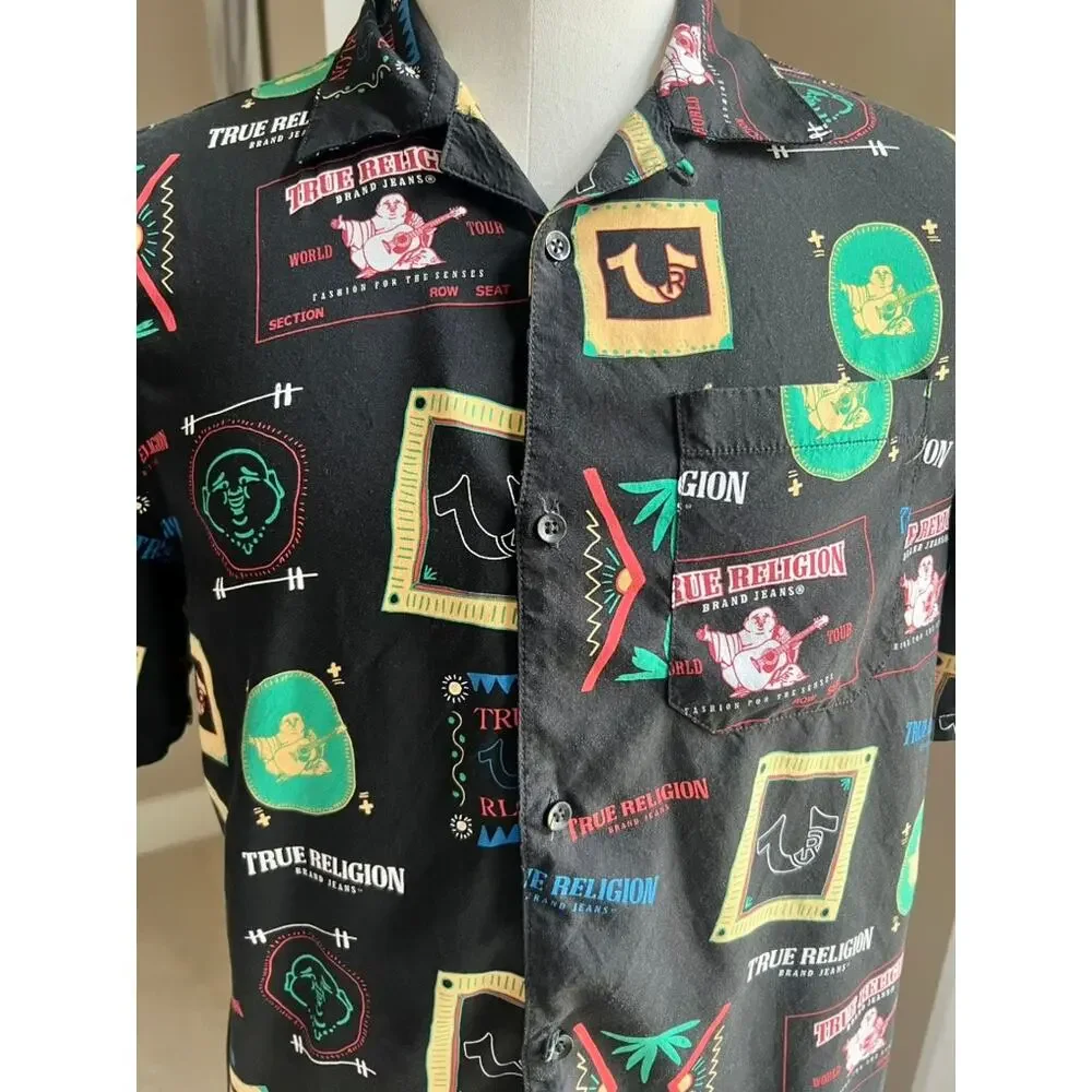 True Religion resort wear print collar black button down shirt size L